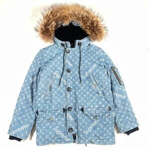 SS17 Supreme Louis Vuitton Jacquard Denim N-3B Parka Blue Size 44 B34